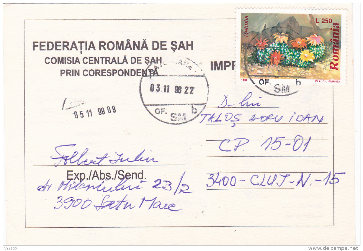 #  BV 2856  CACTUS, FLOWER, PLANT, 1997, Mi 5256/61, USED, STAMP ON POSTCARD, ROMANIA - Gebraucht