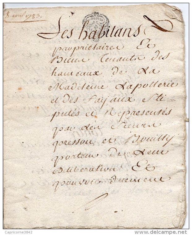 1783 - Acte Notarié - Cachet Généralité De Rouen - Taxe 2 Sols Et 4 Deniers Par Feuille - Document 6 Feuilles - Gebührenstempel, Impoststempel