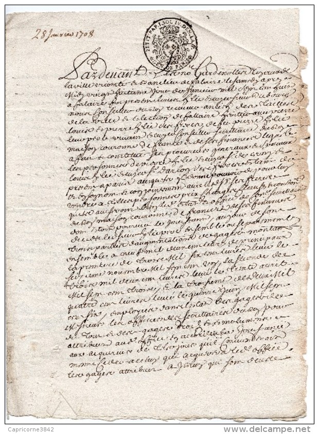1708 - Document Avec Cachet Généralité De Paris - Petit Papier Taxe 1 Sol Et 4 Deniers La Feuille - Cachets Généralité
