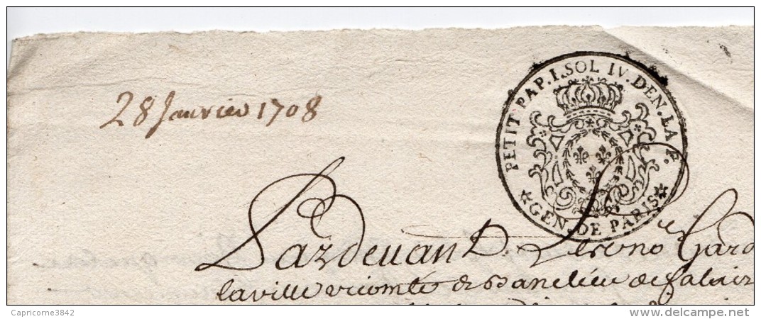 1708 - Document Avec Cachet Généralité De Paris - Petit Papier Taxe 1 Sol Et 4 Deniers La Feuille - Cachets Généralité