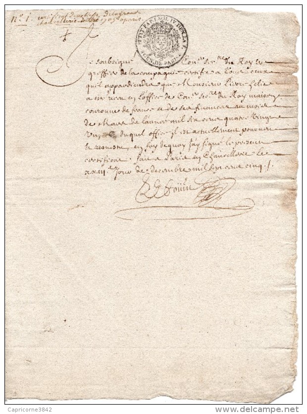 1705 - Acte Notarié Avec Cachet Généralité De Paris - Petit Papier Taxe 1 Sol Et 4 Deniers La Feuille - Seals Of Generality