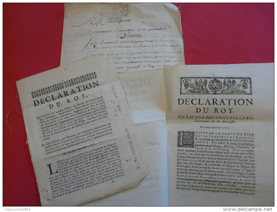 1701-Lettre pour l'Intendant de la Généralité d'Alençon+2 Circulaire de déclaration du Roi (Louis XIV) Cachet taxe 2 sol