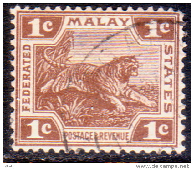 FEDERATED MALAY STATES 1922 SG #52 1c Used Wmk Mult.Script CA Deep Brown Small Thin - Federated Malay States