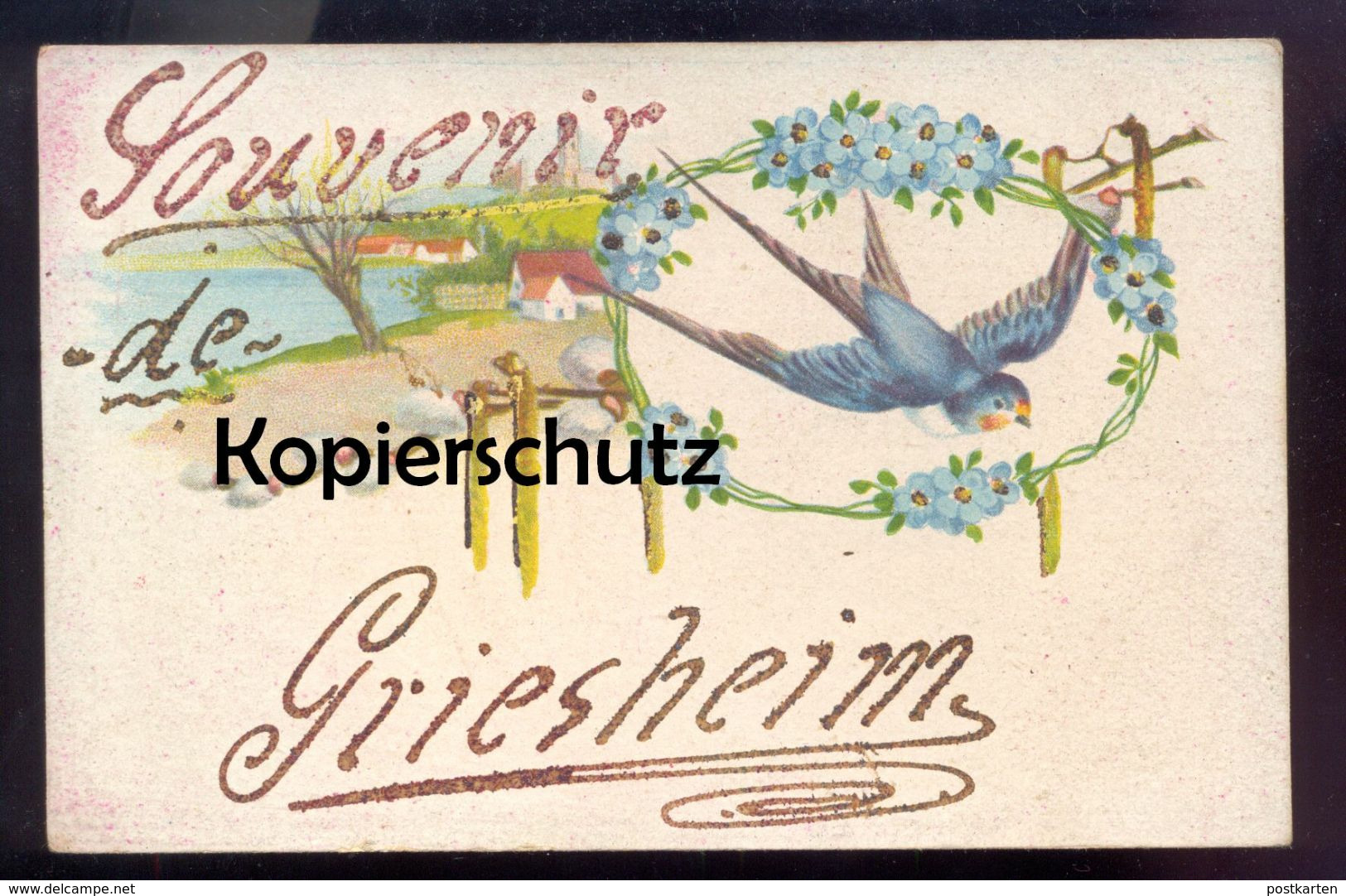 ALTE POSTKARTE SOUVENIR DE GRIESHEIM Paillette Goldschrift French Camp Schwalbe Ansichtskarte Postcard Cpa AK - Griesheim