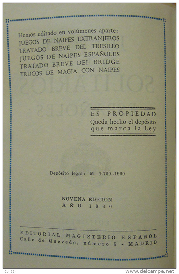 1960 Livret Librito Juegos De Solitario Espanoles Jeu De Cartes  14.3x10.7cms 120 Pages Editor Fournier Vitoria Espagne - Autres & Non Classés