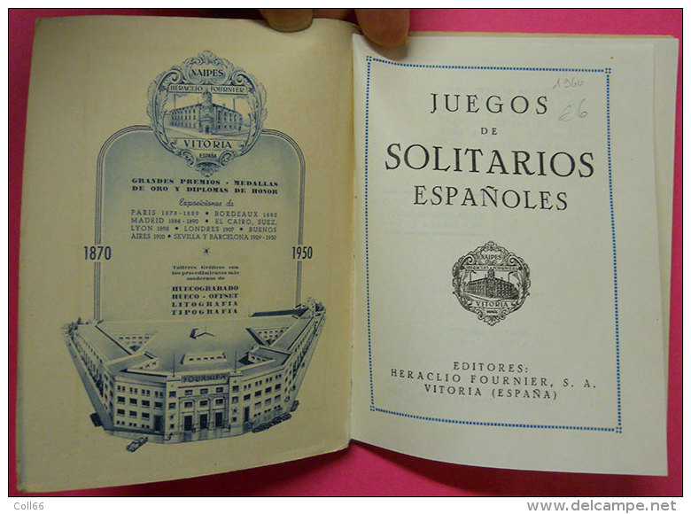 1960 Livret Librito Juegos De Solitario Espanoles Jeu De Cartes  14.3x10.7cms 120 Pages Editor Fournier Vitoria Espagne - Autres & Non Classés