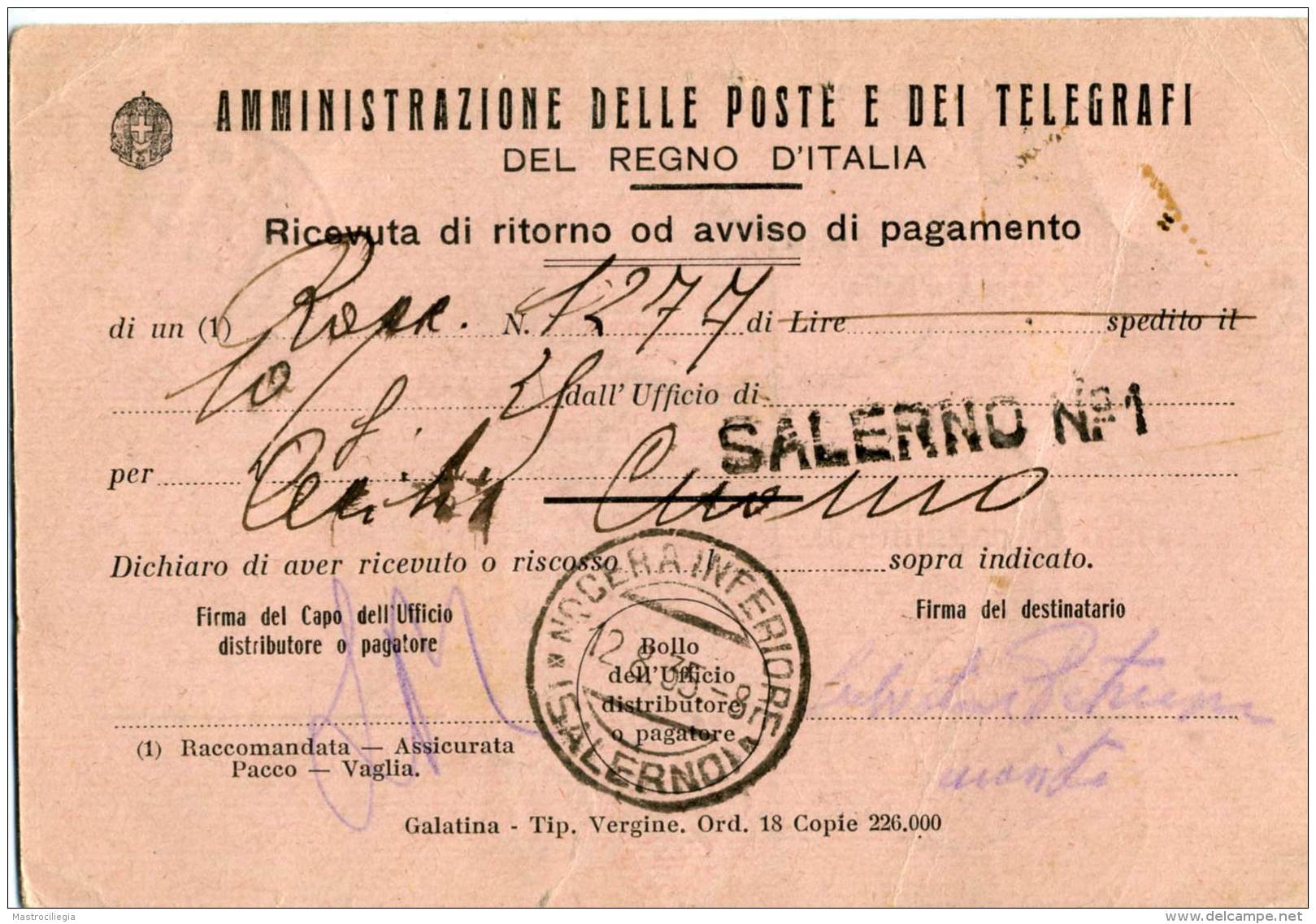 COMUNE DI SALERNO  Amministrazione Delle Poste E Telegrafi  Ricevuta Di Ritorno Per Nocera Inferiore  1935  50c - Storia Postale