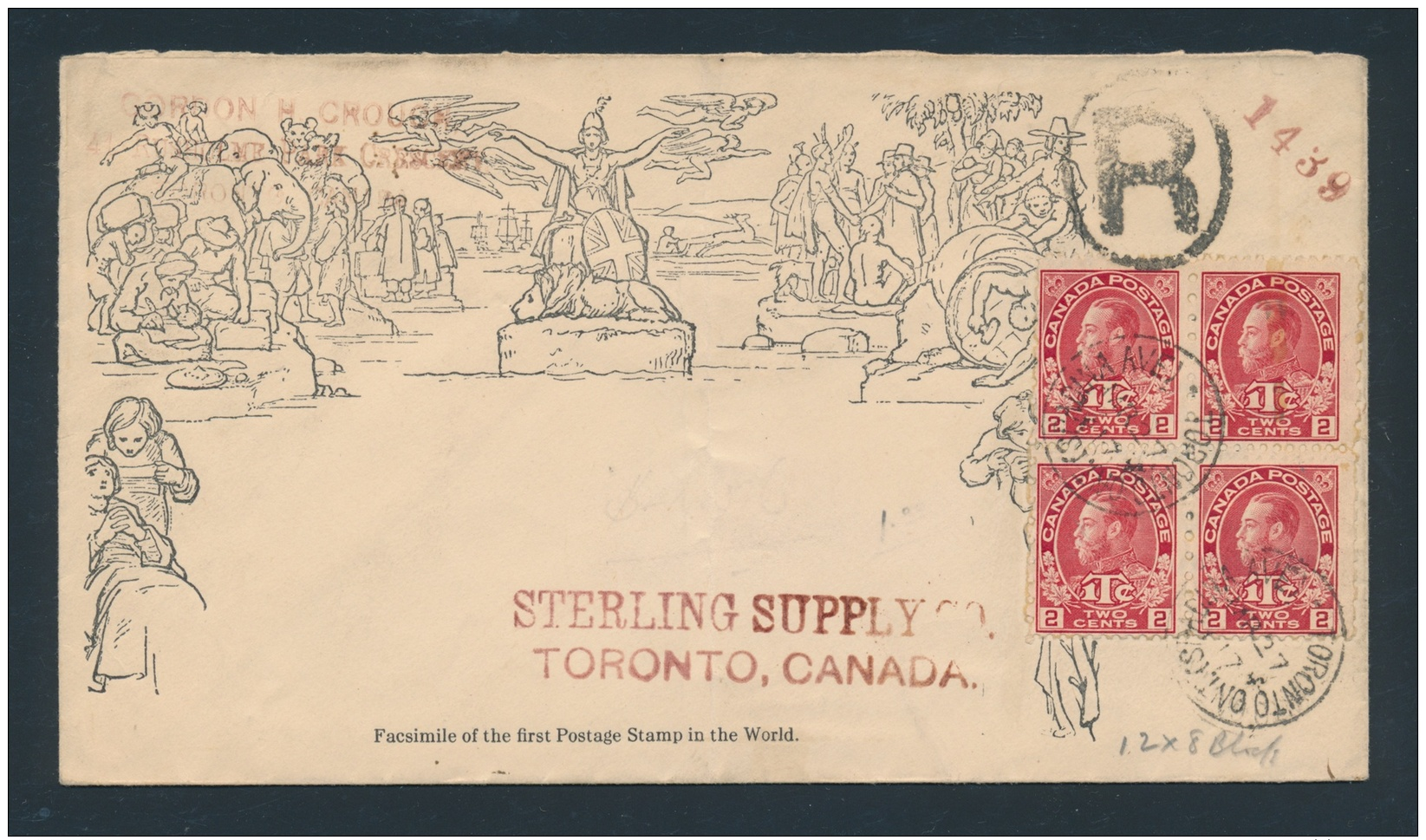 Canada #MR5 Cvr 1917 Cover With War Tax Block Of Four, On A Facsimile Mulready Envelope. Sent... - Other & Unclassified