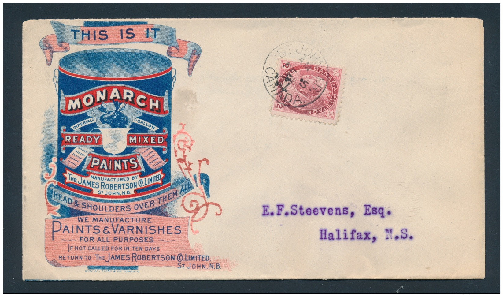 Canada #77 Cvr 1901 Monarch Paints Multi-Colour Advertising Cover, From St. John, N.B. To Halifax,... - Covers & Documents