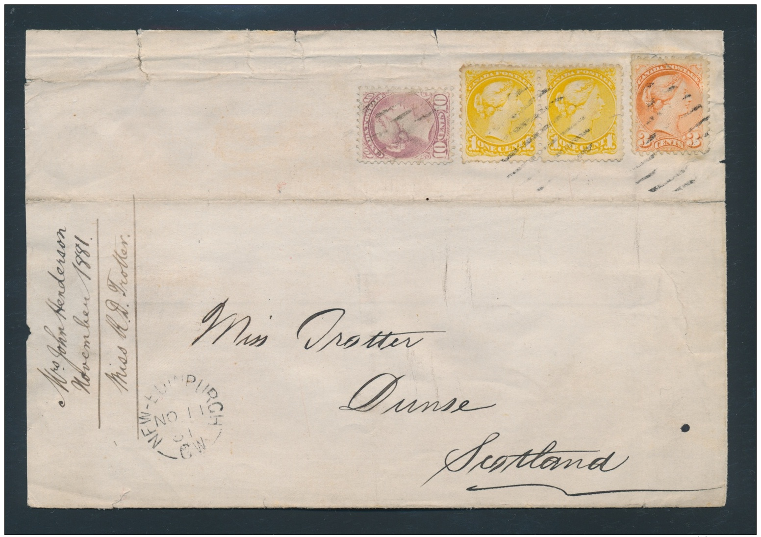 Canada #35, 37, 40 Cvr 1881 Triple Rate U.P.U. Cover To Scotland With Attractive Three Colour... - Covers & Documents