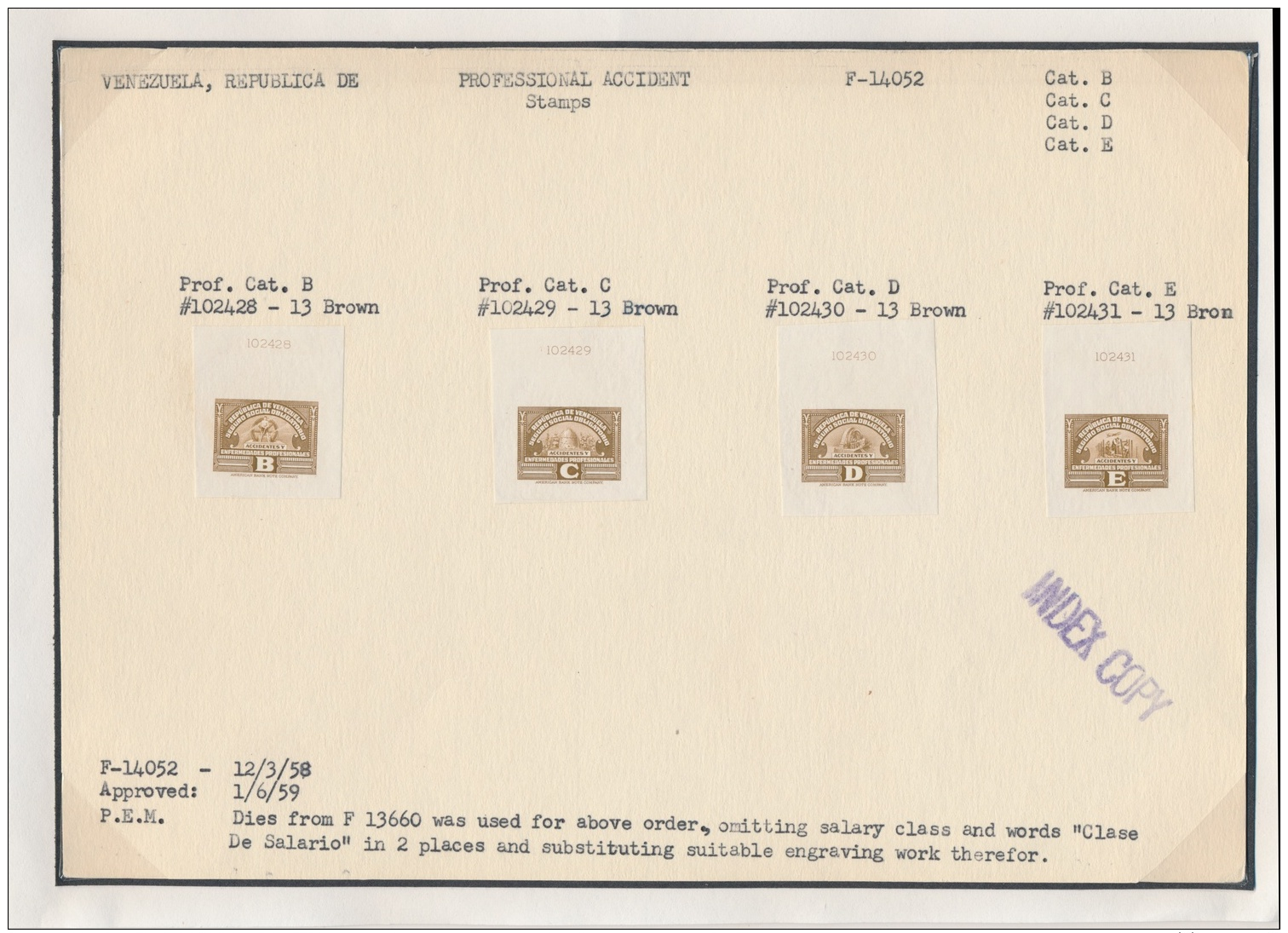 E/P 1955-59 Set Of Professional Accident Specimen Stamps And Die Proofs, Inscribed Republica De... - Venezuela