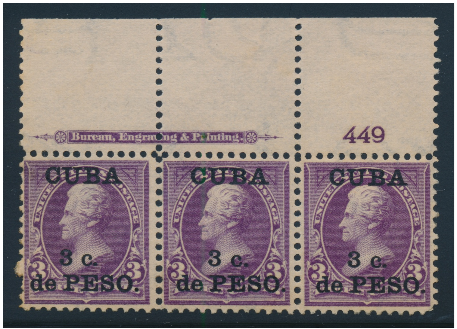 Cuba #224 ** 1899 3p On 2c Surcharged On US Stamp, Mint Never Hinged Plate Strip Of Three, With... - Other & Unclassified