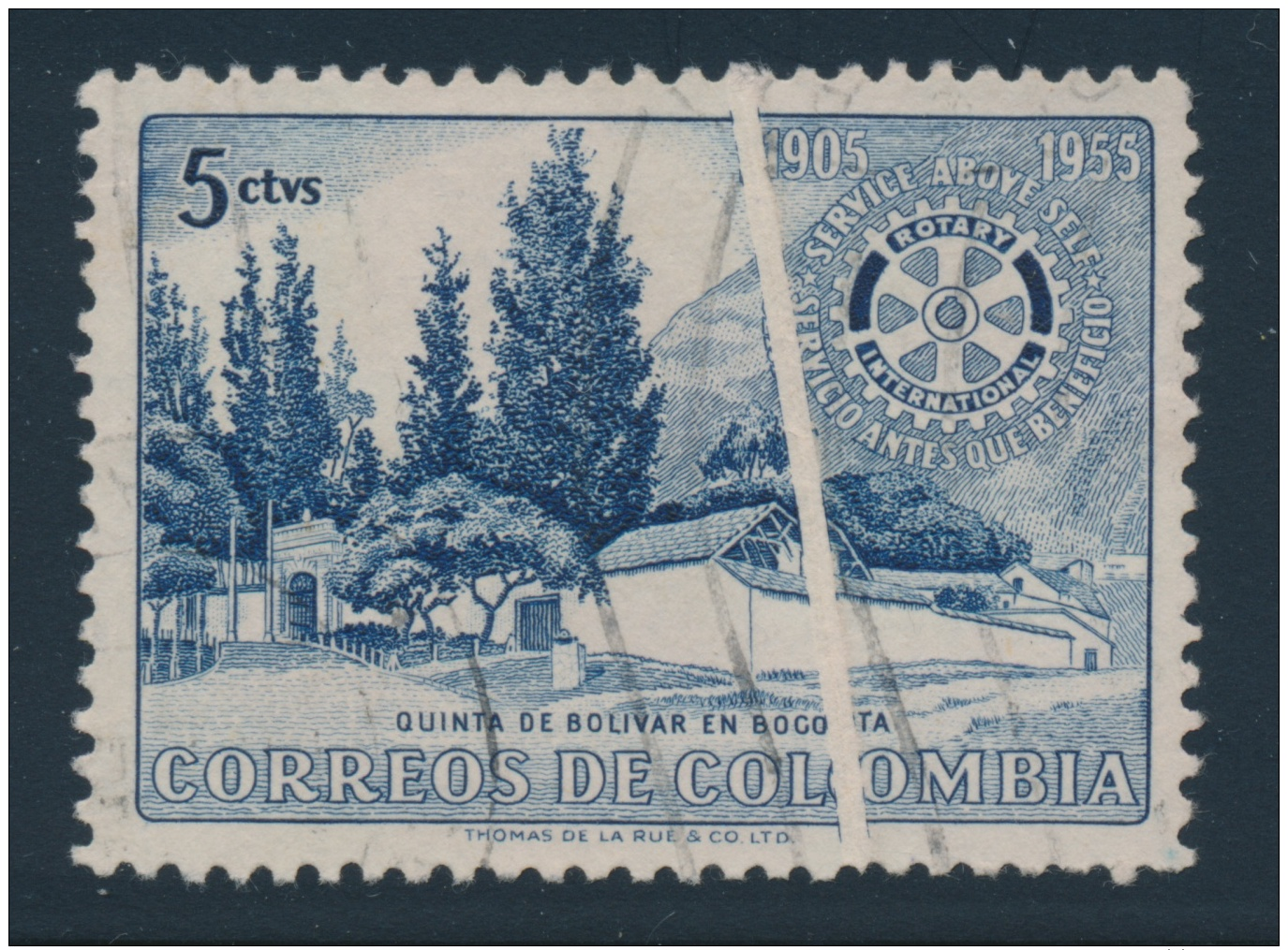 Colombia #639 O 1955 5c Deep Ultra Rotary International Anniversary With Paper Fold. Used Light... - Colombia