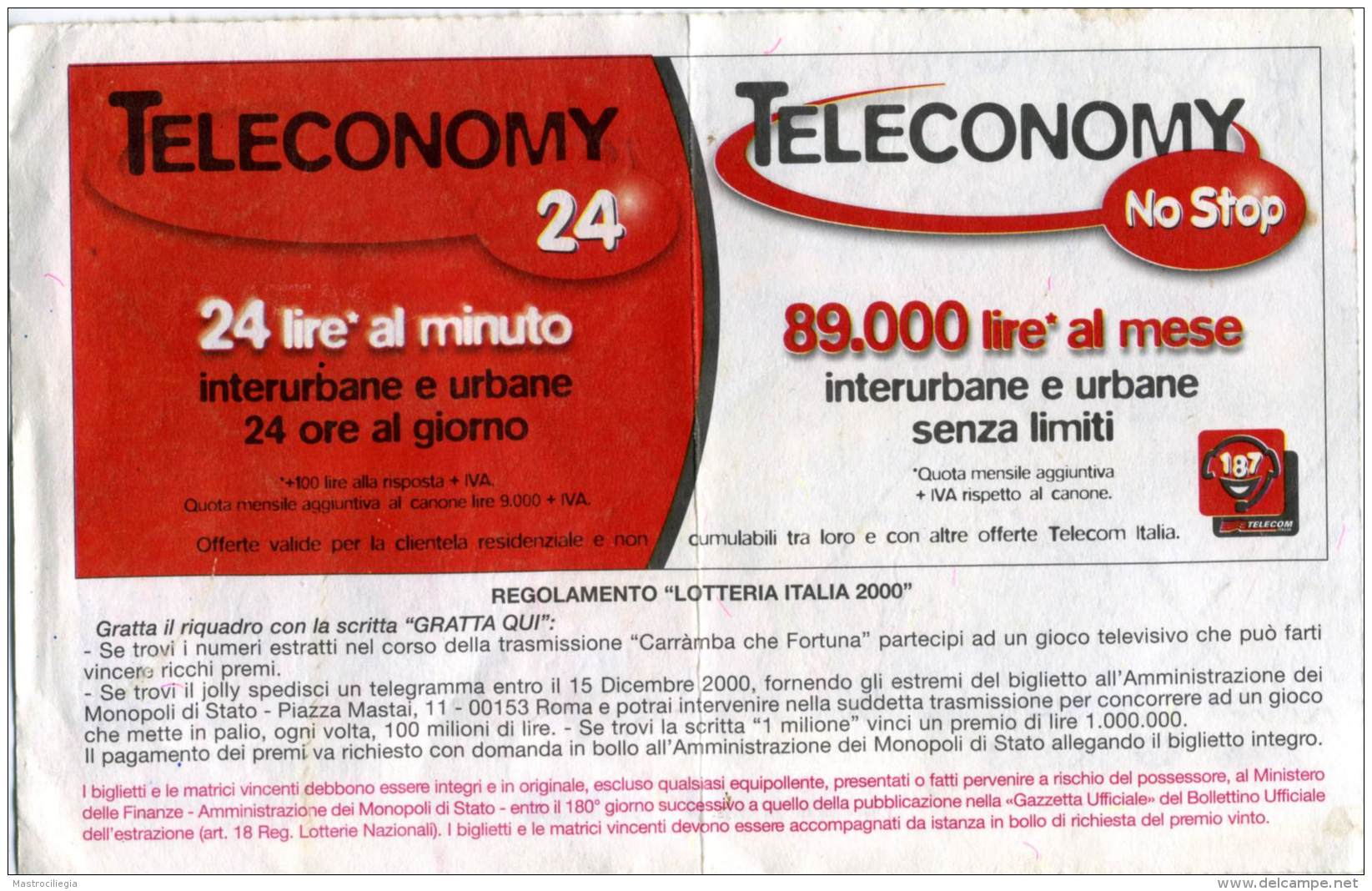 LOTTERIA ITALIA 2000  Estrazione 6 Gennaio 2001 Abbinato A Carramba Che Fortuna  Raffaella Carrà - Biglietti Della Lotteria