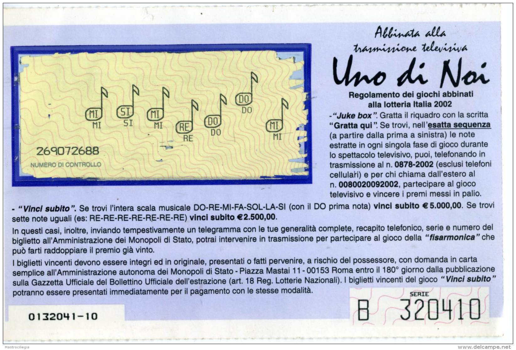 LOTTERIA ITALIA 2002  Estrazione 6 Gennaio 2003 Abbinato A Uno Di Noi  Gianni Morandi - Biglietti Della Lotteria