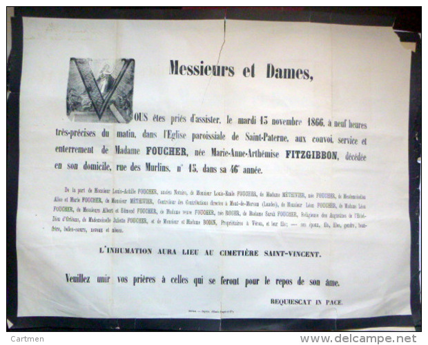 45 ORLEANS   AFFICHE PLACARD MORTUAIRE MADAME FOUCHER NEE FITZGIBBON 13 NOVEMBRE 1866 - Décès