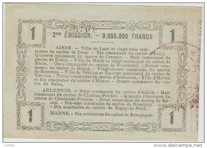 16 Juin 1916 Bon Des Régions De L'Aisne & Des Ardennes Marne 1Franc Billet De Nécessité Bon état Dos Scannés - Bons & Nécessité