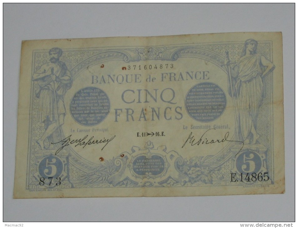 5 Francs - Cinq Francs Bleu - Type 1905 - Novembre 1916 ( Sagitaire ) ***** EN ACHAT IMMEDIAT **** - 5 F 1912-1917 ''Bleu''