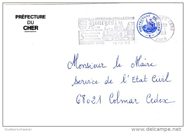 REL-L116 - FRANCE Lettre En Franchise Postale De La Préfecture Du Cher Flamme De Bourges Avec Cathédrale - Lettres Civiles En Franchise