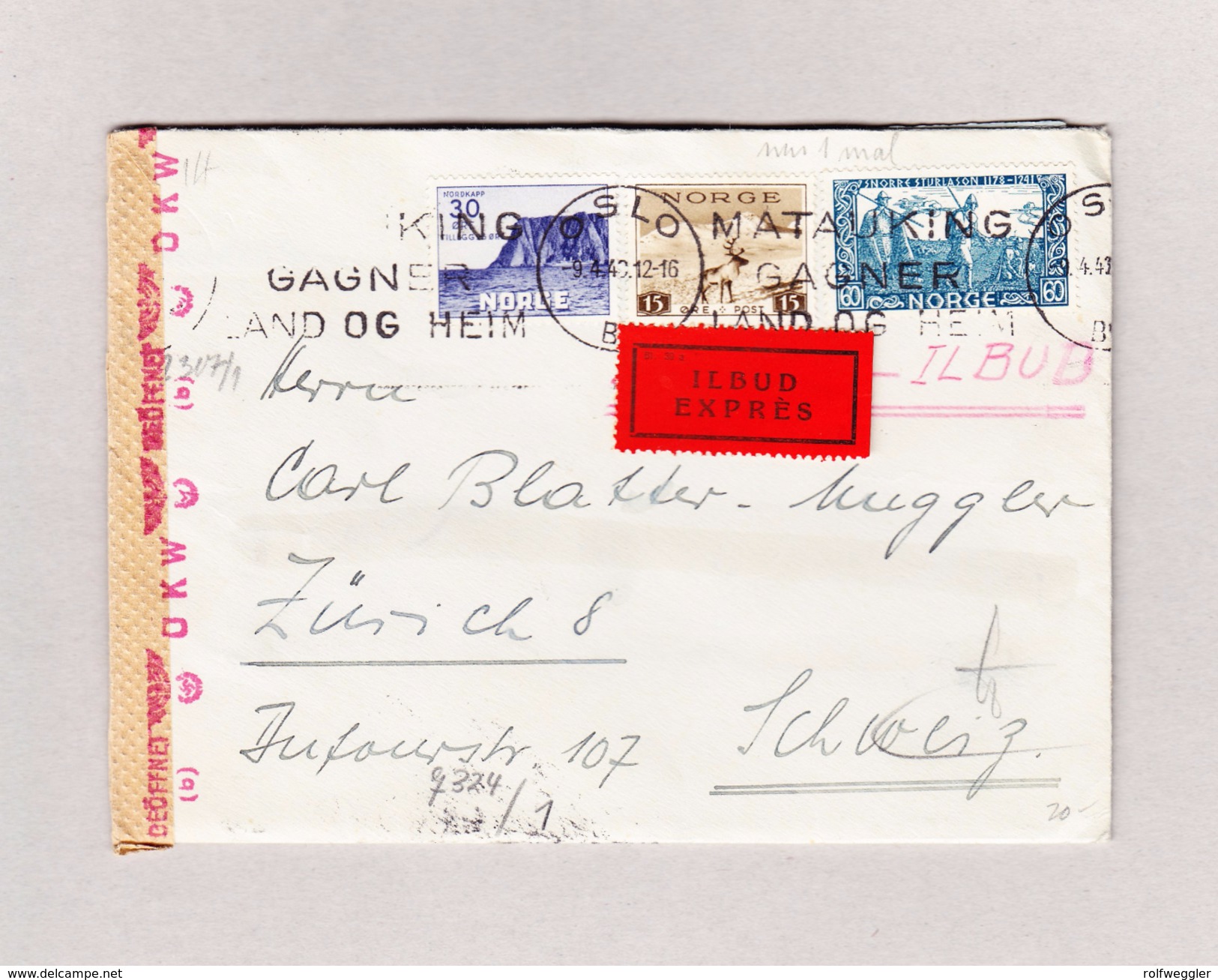 Norwegen 9.4.1943 Oslo Zensur Exprès Brief Mit Inhalt Nach Zürich Transit Stempel Berlin - Lettres & Documents