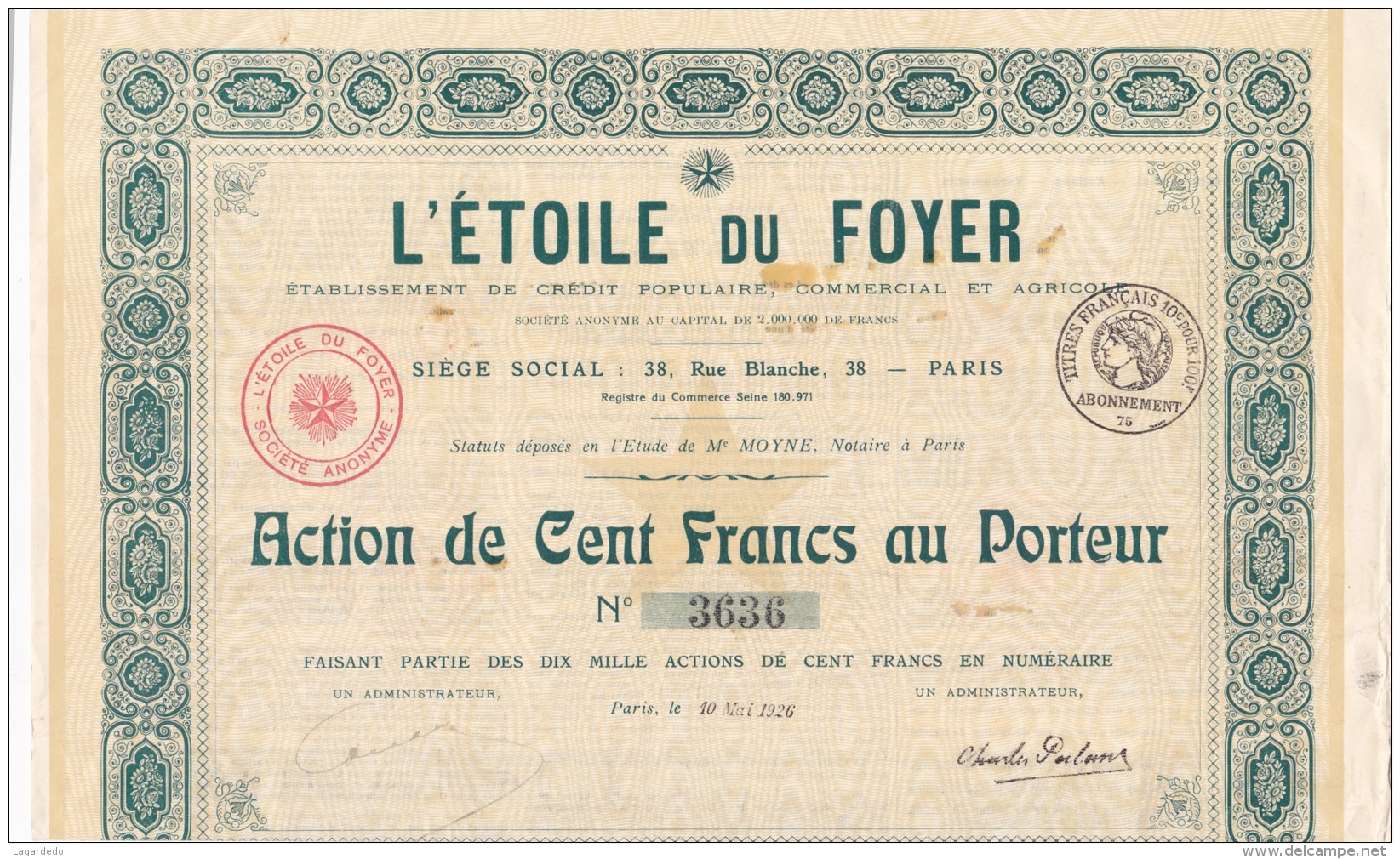 ACTION DE 100 FRANCS L ETOILE DU FOYER - D - F