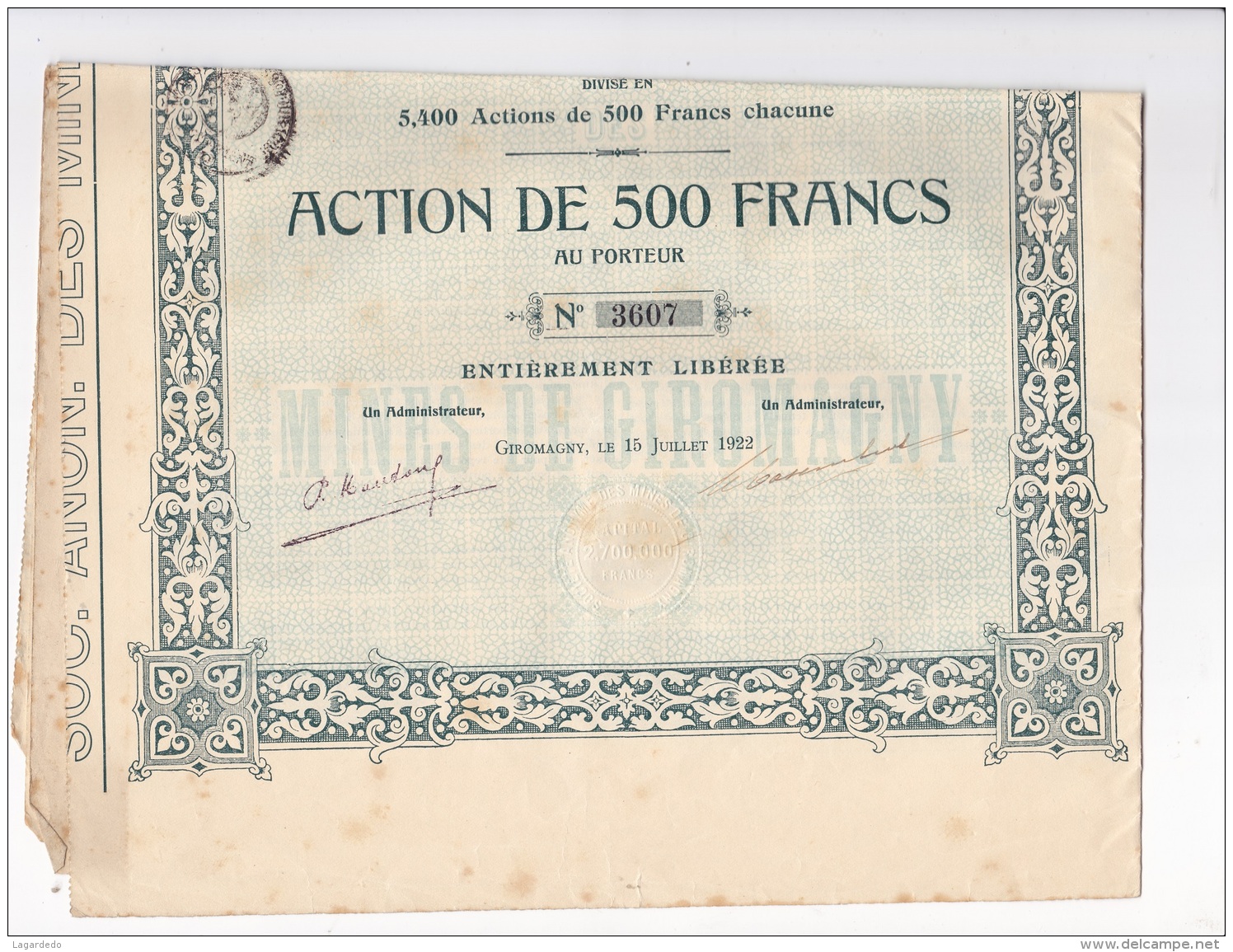 ACTION DE 500 FRANCS MINES DE GIROMAGNY - M - O