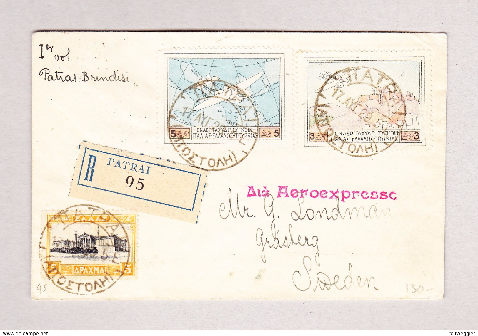 Griechenland R-Brief Patrai 17.8.1929 Nach Gräsberg Via Brindisi - Lettres & Documents