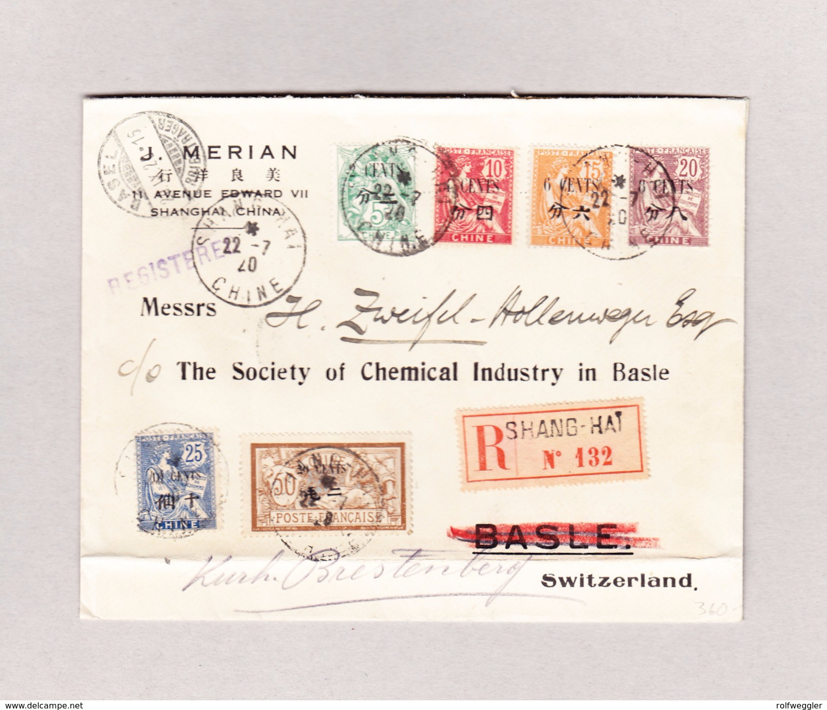 China 22.7.1920 Schanghai Brief Nach Basel Mit Französische Frankatur "Chine" - Storia Postale