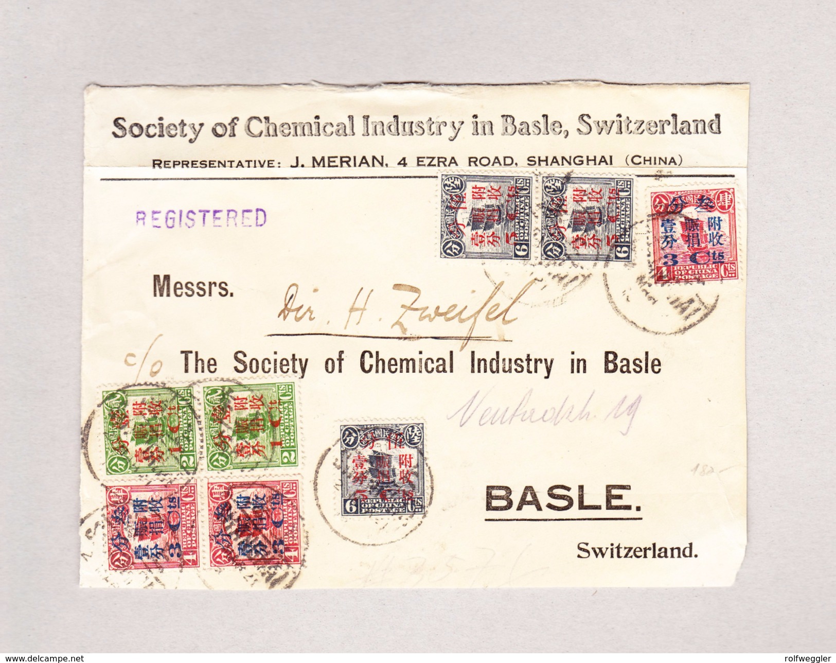 China 1920 Schanghai Vorderseite (Front Only) R-Brief Nach Basel - 1912-1949 République