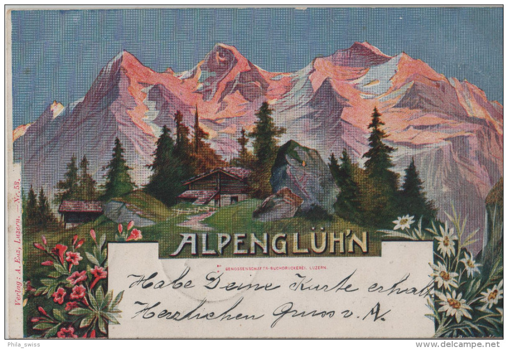 Alpenglühn Mit Alphütte - Eiger Mönch Jungfrau - A. Enz No. 53 - Künstlerkarte - Von Andermatt Nach Schönenwerd - Autres & Non Classés