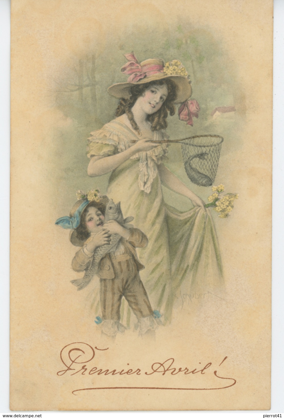 FEMMES - FRAU - LADY -  Jolie Carte Fantaisie Viennoise Enfants Avec Poissons 1er Avril - M.M. VIENNE N°379 - 1° Aprile (pesce Di Aprile)