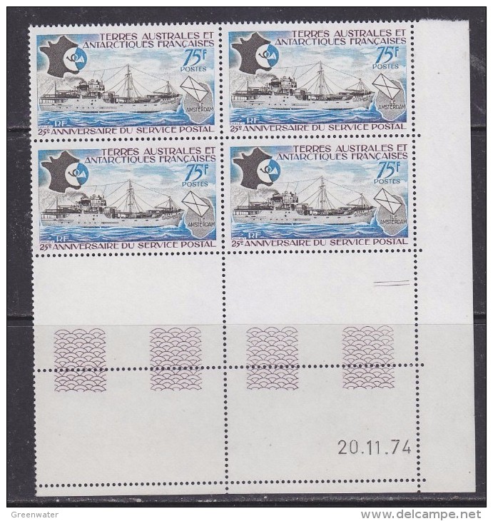 TAAF 1974 25e Anniversaire Du Service Postal 1v  Bl Of 4 (printing Date) ** Mnh (32201B) - Ongebruikt