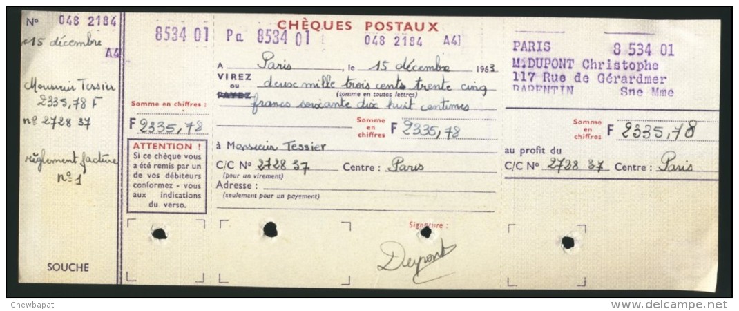 Chèques Postaux - Paris Années 1960 - Cheques & Traveler's Cheques