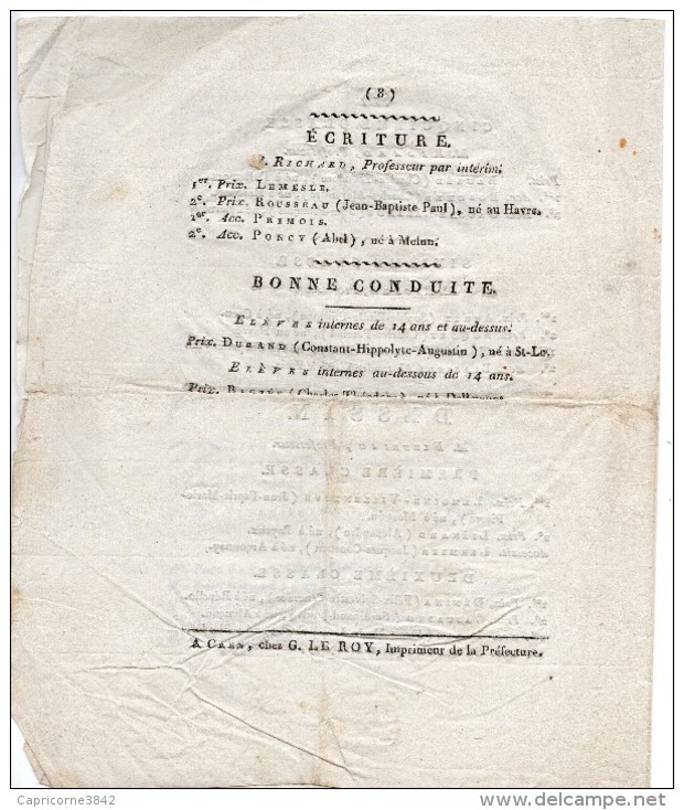 1809 - Feuillet De La DISTRIBUTION SOLENNELLE DES PRIX Faite Au Lycée De Caen Le 14 Août 1809 - Diploma's En Schoolrapporten