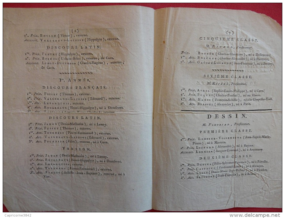 1809 - Feuillet De La DISTRIBUTION SOLENNELLE DES PRIX Faite Au Lycée De Caen Le 14 Août 1809 - Diplome Und Schulzeugnisse