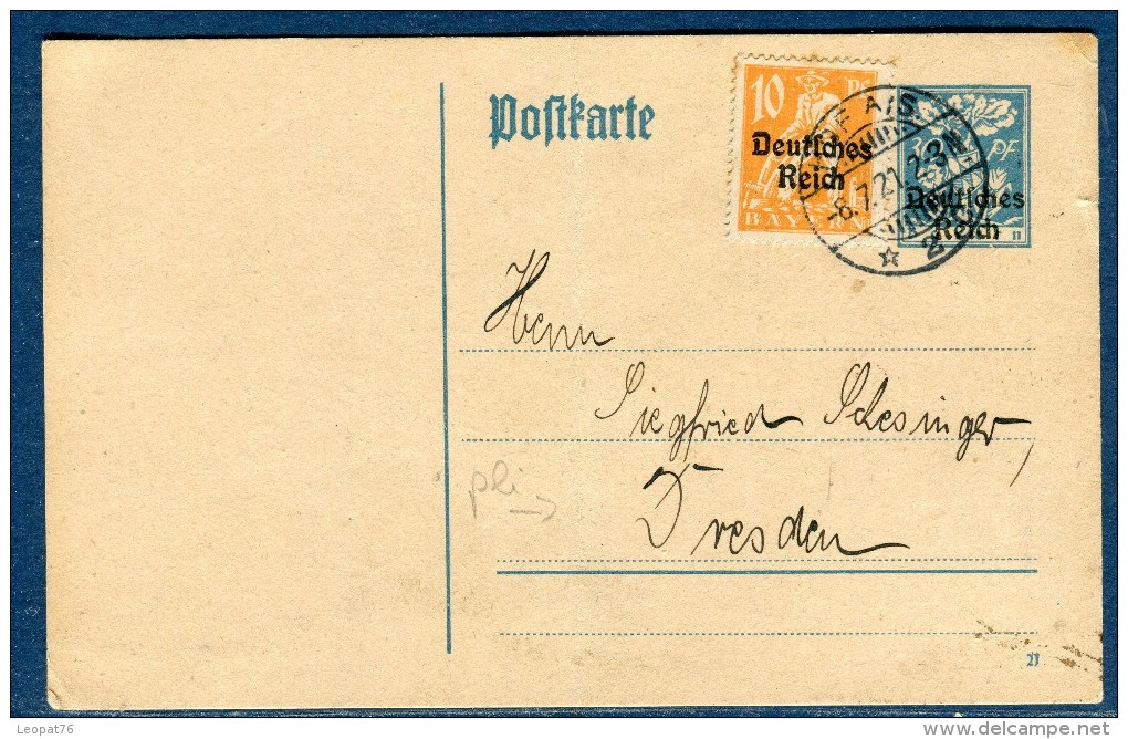 Allemagne - Entier Postal + Complément De Hof Pour Dresden En 1921 ( Pli Central )  Réf S 316 - Briefkaarten