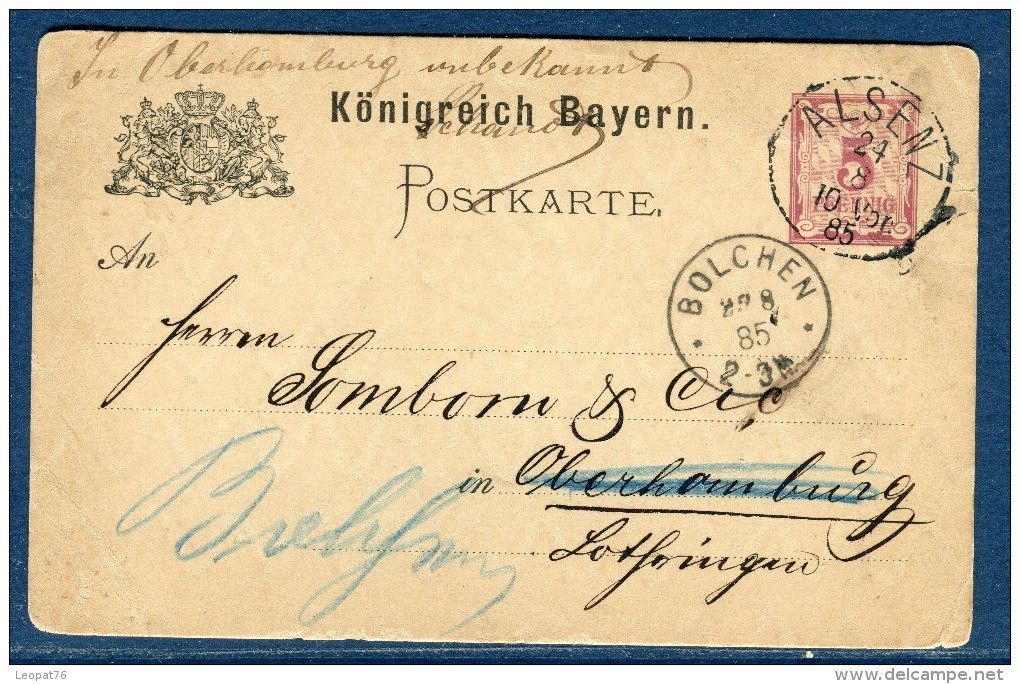 Allemagne - Entier Postal De Alsenz Pour Bolchen En 1885 - Réf S 332 - Entiers Postaux