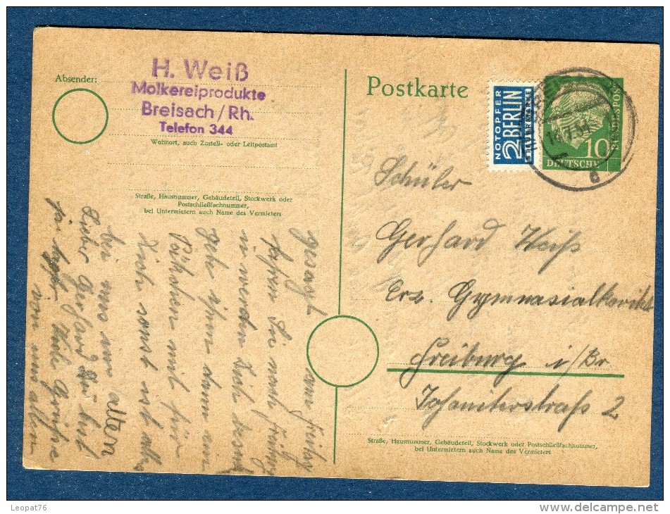 Allemagne - Entier Postal + Complément De Breisach Pour Freiburg En 1954 -  Réf S 347 - Cartoline - Usati