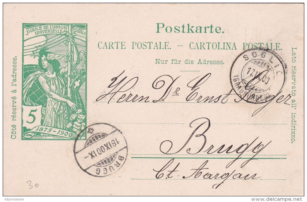 SUISSE ENTIER POSTAL SOGLIO 1900 - Marcophilie