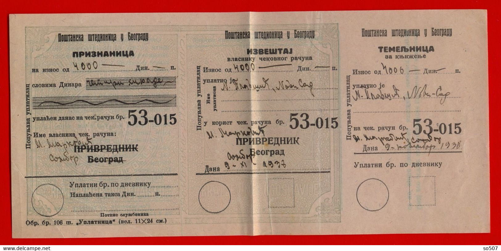 X1-Check,Cheque,Promissory Note,Bill Of Exchange- Postal Savings Bank Belgrade,Sombor-Novi Sad, Kingdom Yugoslavia 1938. - Assegni & Assegni Di Viaggio