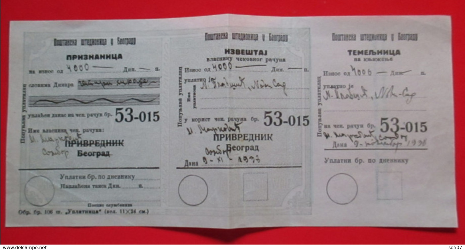 X1-Check,Cheque,Promissory Note,Bill Of Exchange- Postal Savings Bank Belgrade,Sombor-Novi Sad, Kingdom Yugoslavia 1938. - Schecks  Und Reiseschecks