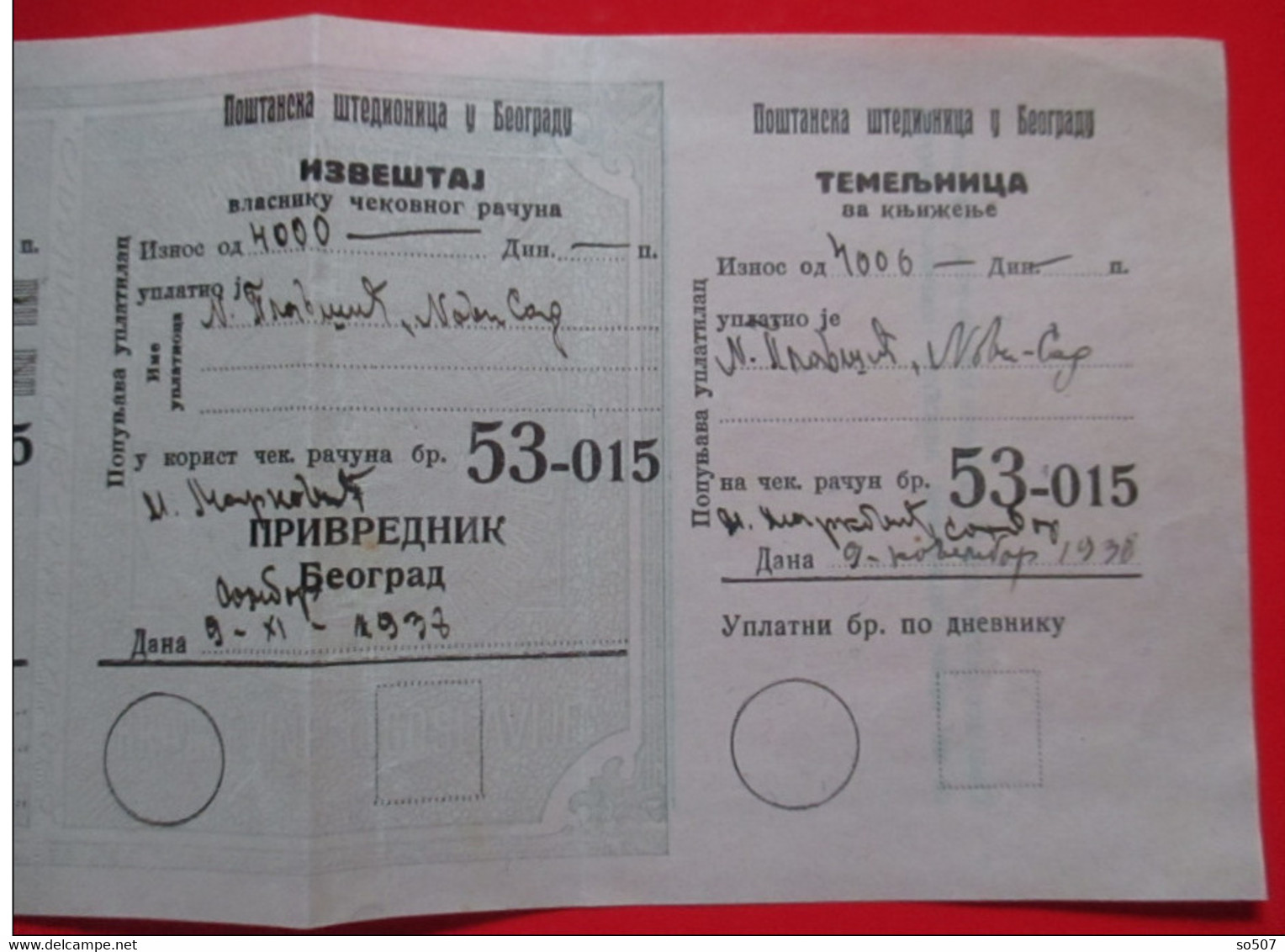 X1-Check,Cheque,Promissory Note,Bill Of Exchange- Postal Savings Bank Belgrade,Sombor-Novi Sad, Kingdom Yugoslavia 1938. - Schecks  Und Reiseschecks