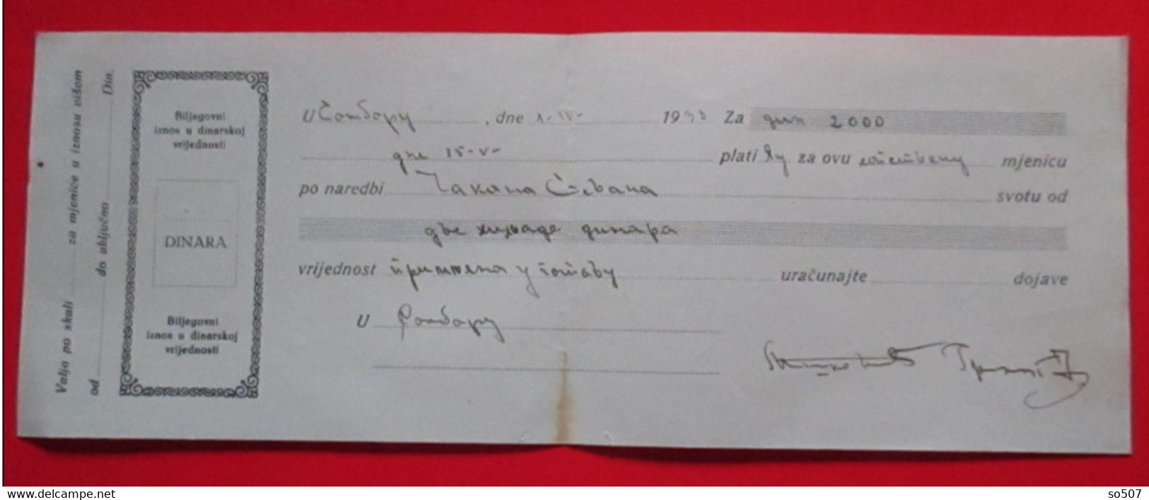 X1 - Check, Cheque, Promissory Note, Bill Of Exchange - Kingdom Yugoslavia Sombor 1938. - Schecks  Und Reiseschecks