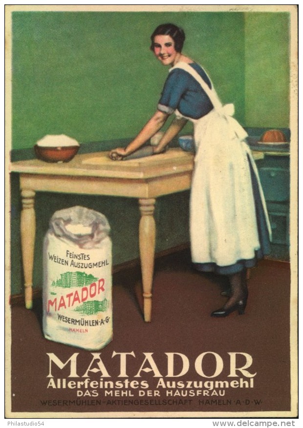 1925, Tolle Firmen-Werbekarte,  Reklame,Backen; MATADOR-Auszugmehl, Wesermühlen-AG Hameln, RHEINE, - Sonstige & Ohne Zuordnung