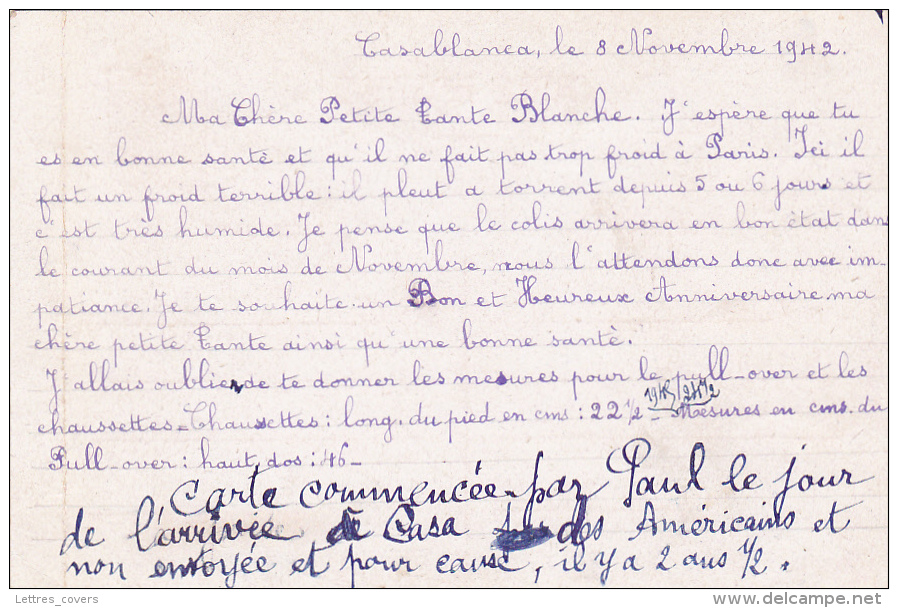 Entier CP CAVIARDÉ Daté De CASABLANCA 8 Novembre 1942 MAROC Et Envoyée Le 5 Juin 1945 - Guerre Mondiale (Seconde)