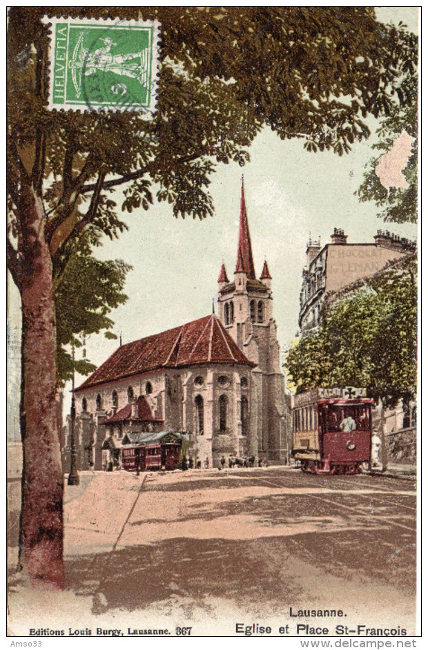 7647. CPA SUISSE. LAUSANNE. EGLISE ET PLACE ST FRANCOIS. CACHET THE CARLTON HALL PORTER CONCIERGE - Lausanne