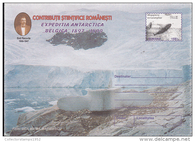 49489- BELGICA ANTARCTIC EXPEDITION, E. RACOVITA, WHALE, COVER STATIONERY, 1999, ROMANIA - Spedizioni Antartiche