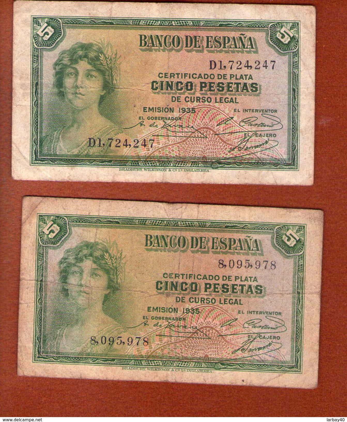 2 Billet Certificado De Plata CINCO PESETAS De Curso Legal---EMISION 1935 - 5 Peseten