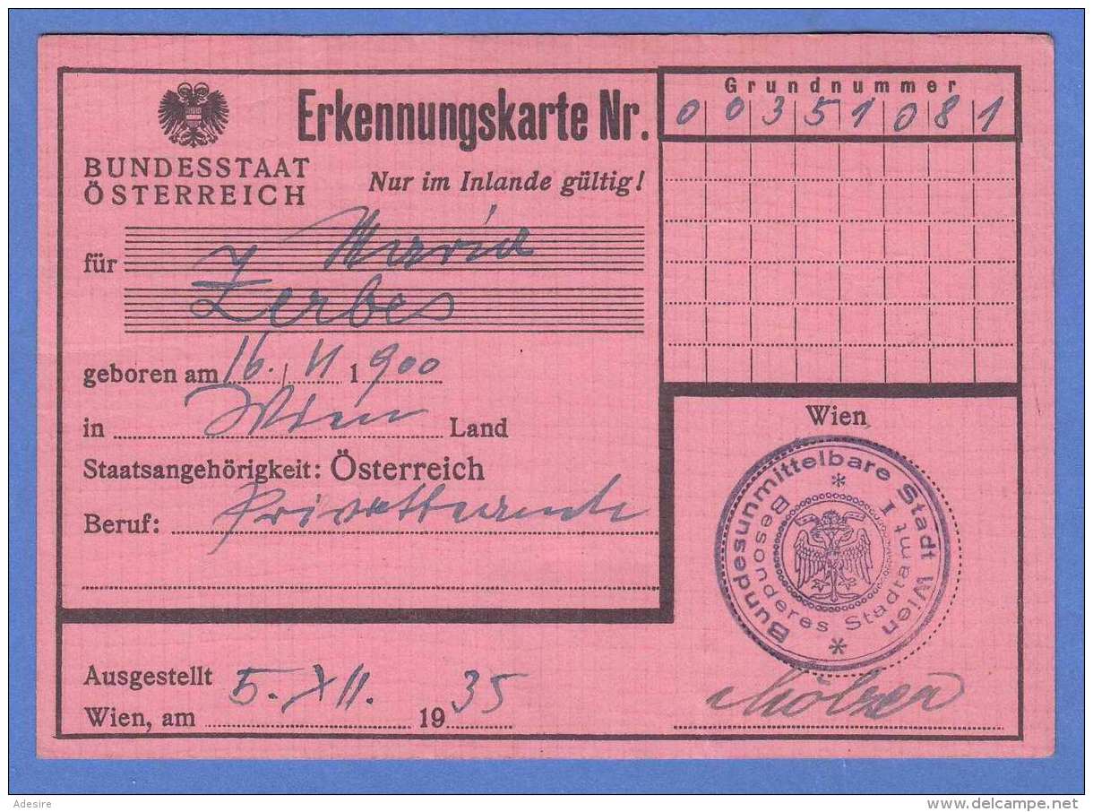 ERKENNUNGSKARTE ÖSTERREICH 1935 - Documents Historiques