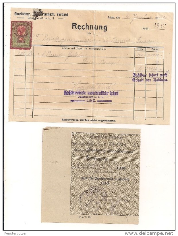 1 Rechnung Linz 2.1.1922 Nach Goisern Mit Aufgekl. Stempelm. 10 Groschen Aus 1920 + Zahlschein - Autriche